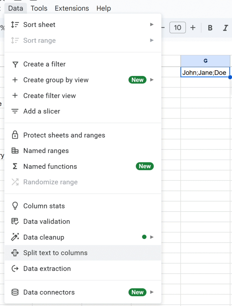 google sheets split menu